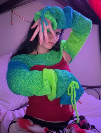 bluegreen knitted shrug with bow wrists!!