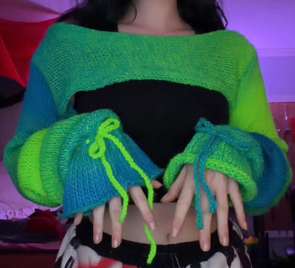 bluegreen knitted shrug with bow wrists!!