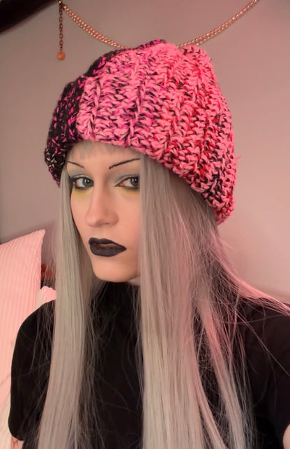 gloomy pink crochet hat!!