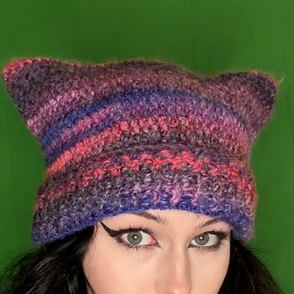 purplepink crochet cat hat!!