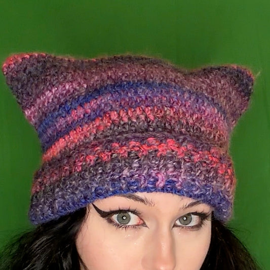 purplepink crochet cat hat!!