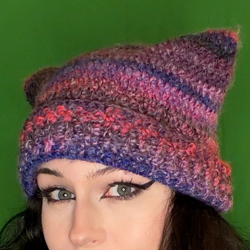 purplepink crochet cat hat!!